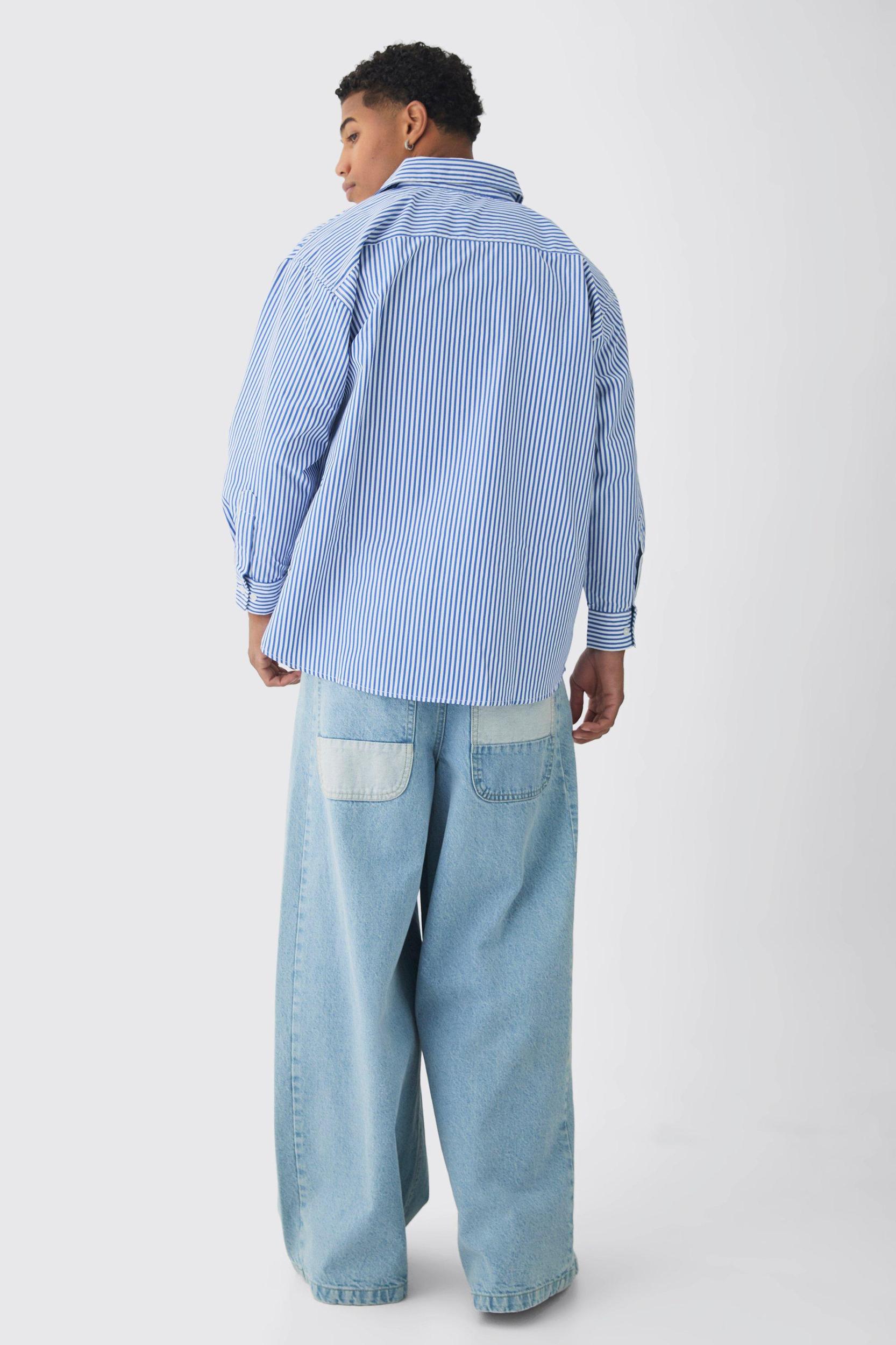 Oversized Striped Long Sleeve Shirt In Blue | boohooMAN USA Product Image