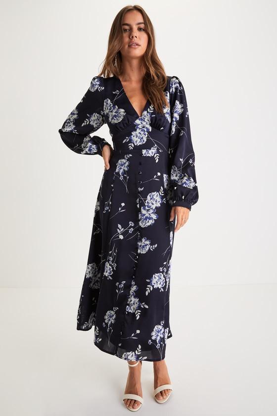 Beautiful Details Navy Blue Floral Long Sleeve Midi Dress Product Image