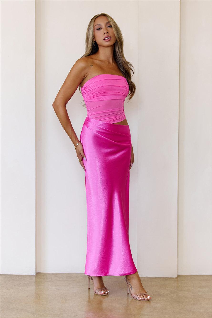 Luxe Attitude Satin Mesh Strapless Maxi Dress Pink Product Image