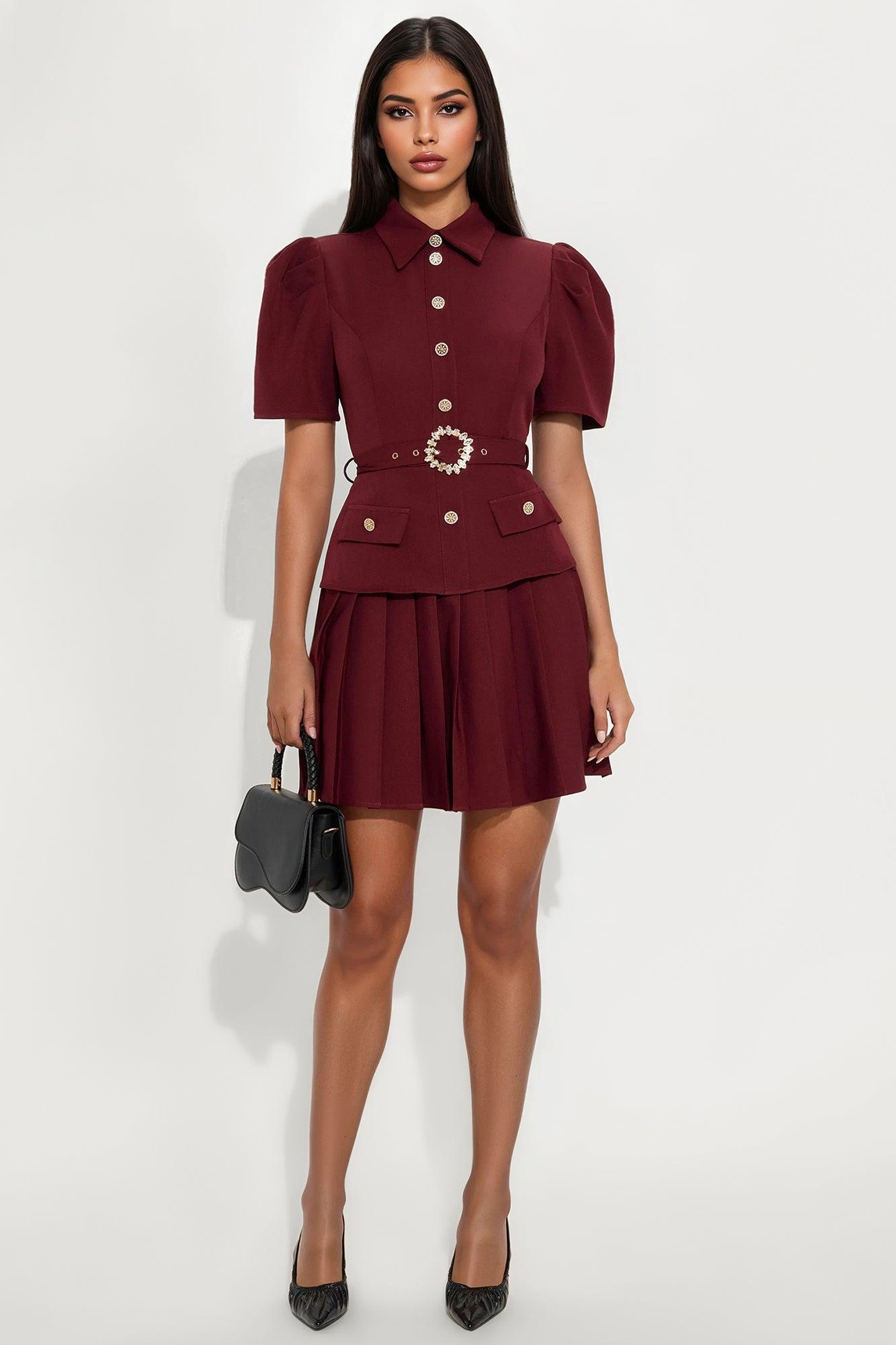 Nadia Belted Pleated Mini Dress - Wine Female Product Image