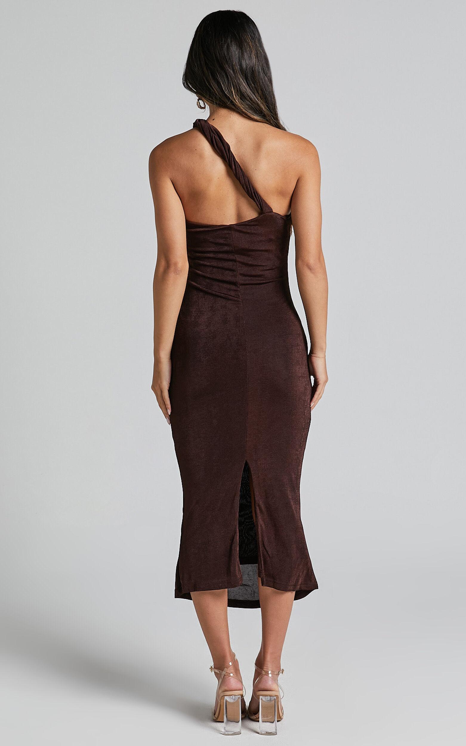 Arietty Midi Dress - One Shoulder Asymmetrical Ruched Dress in Chocolate Product Image