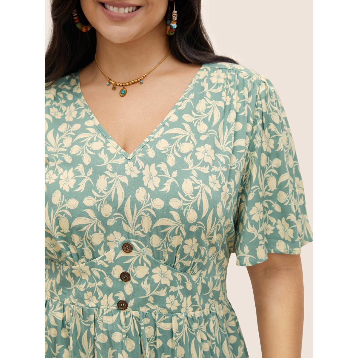 Plus Size Turquoise Floral Gathered Button Detail Flutter Sleeve Blouse Women Resort Short sleeve V-neck Vacation Blouses BloomChic 14-16/1X Product Image