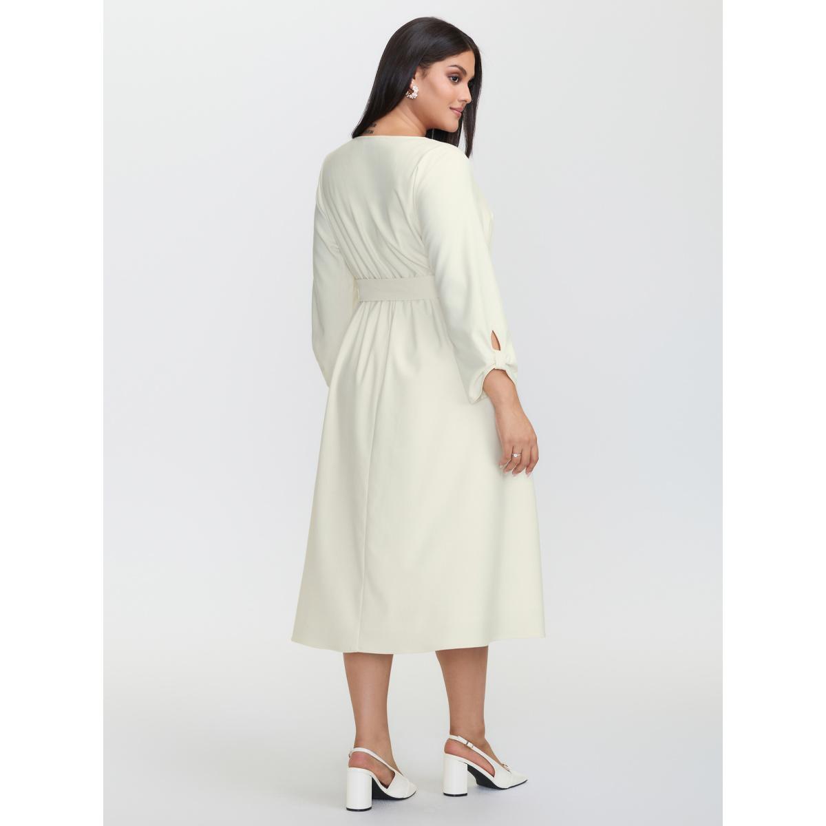 Plus Size Pleated Split Neck Waist-Tie Maxi Dress Ivory Women Office Belted Notched collar Extra Long Sleeve Curvy BloomChic 22-24/3X Product Image