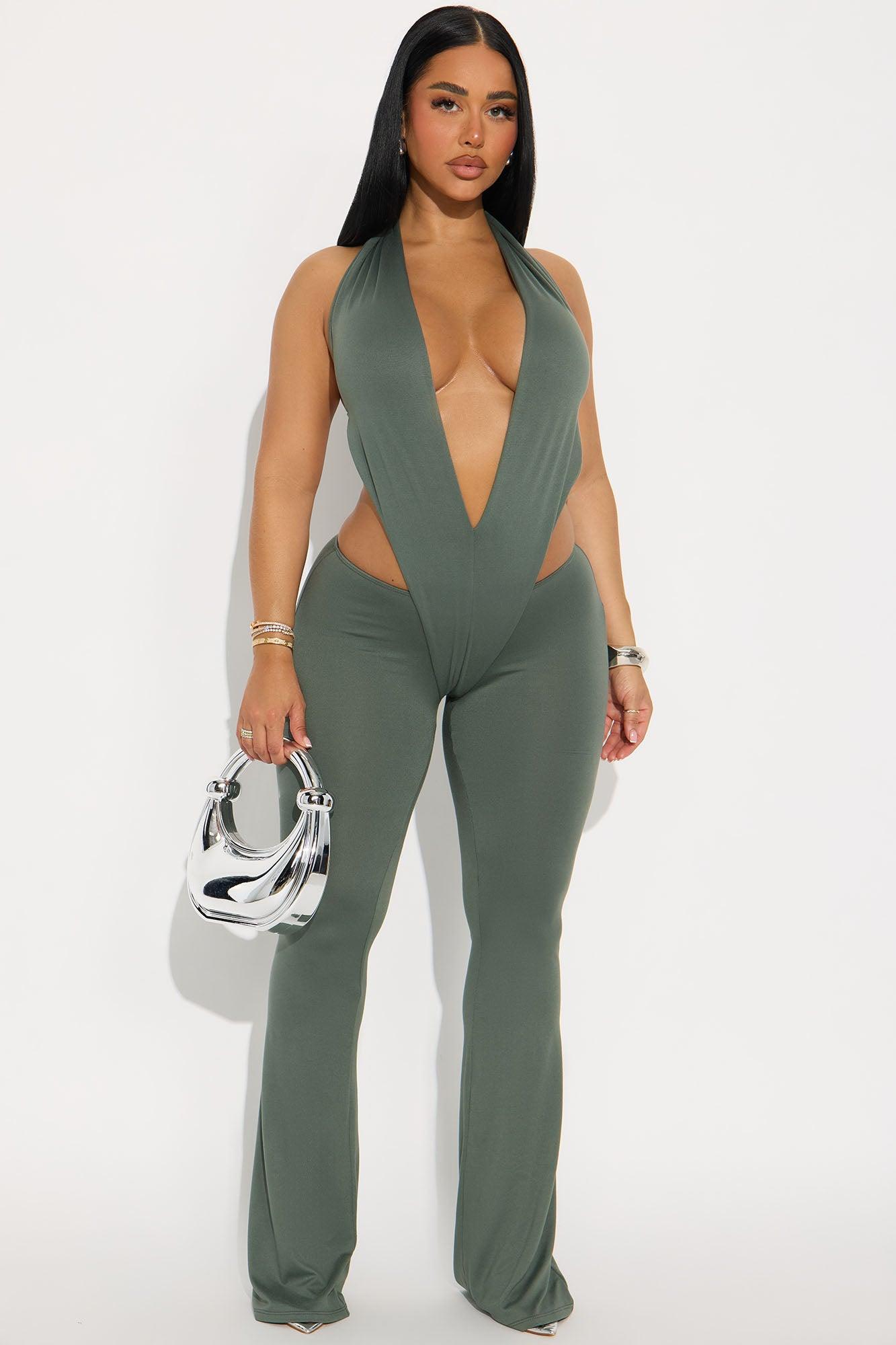 Kiss and Run Halter Flare Leg Jumpsuit - Olive Product Image