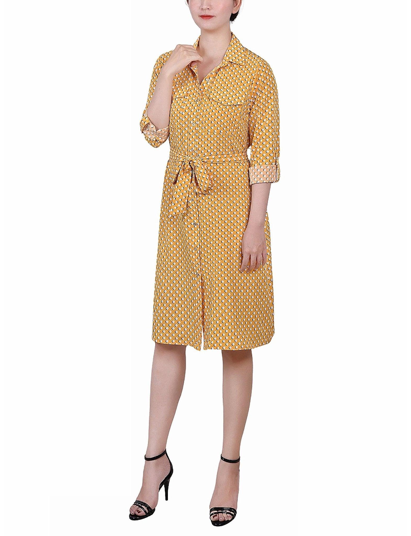Cypress Inca Gold Navy Zigzag 3/4 Roll Tab Sleeve Belted Shirtdress - Petite Product Image