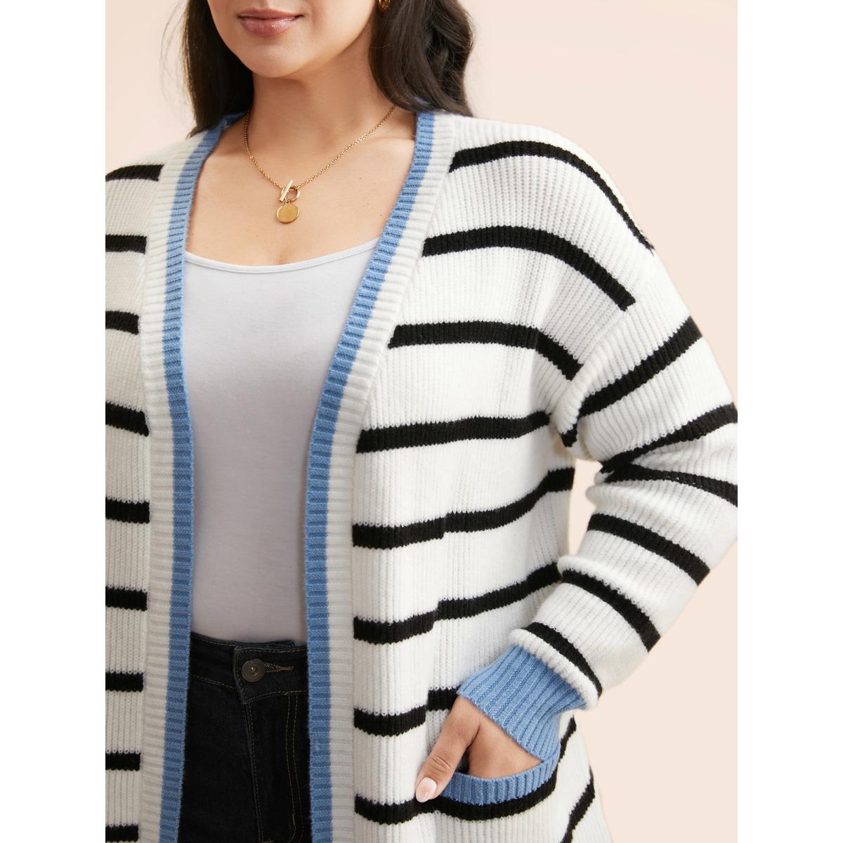 Plus Size Supersoft Essentials Kimono Collar Contrast Striped Cardigan Beige Women Casual Loose Long Sleeve Everyday Cardigans BloomChic 12/L Product Image