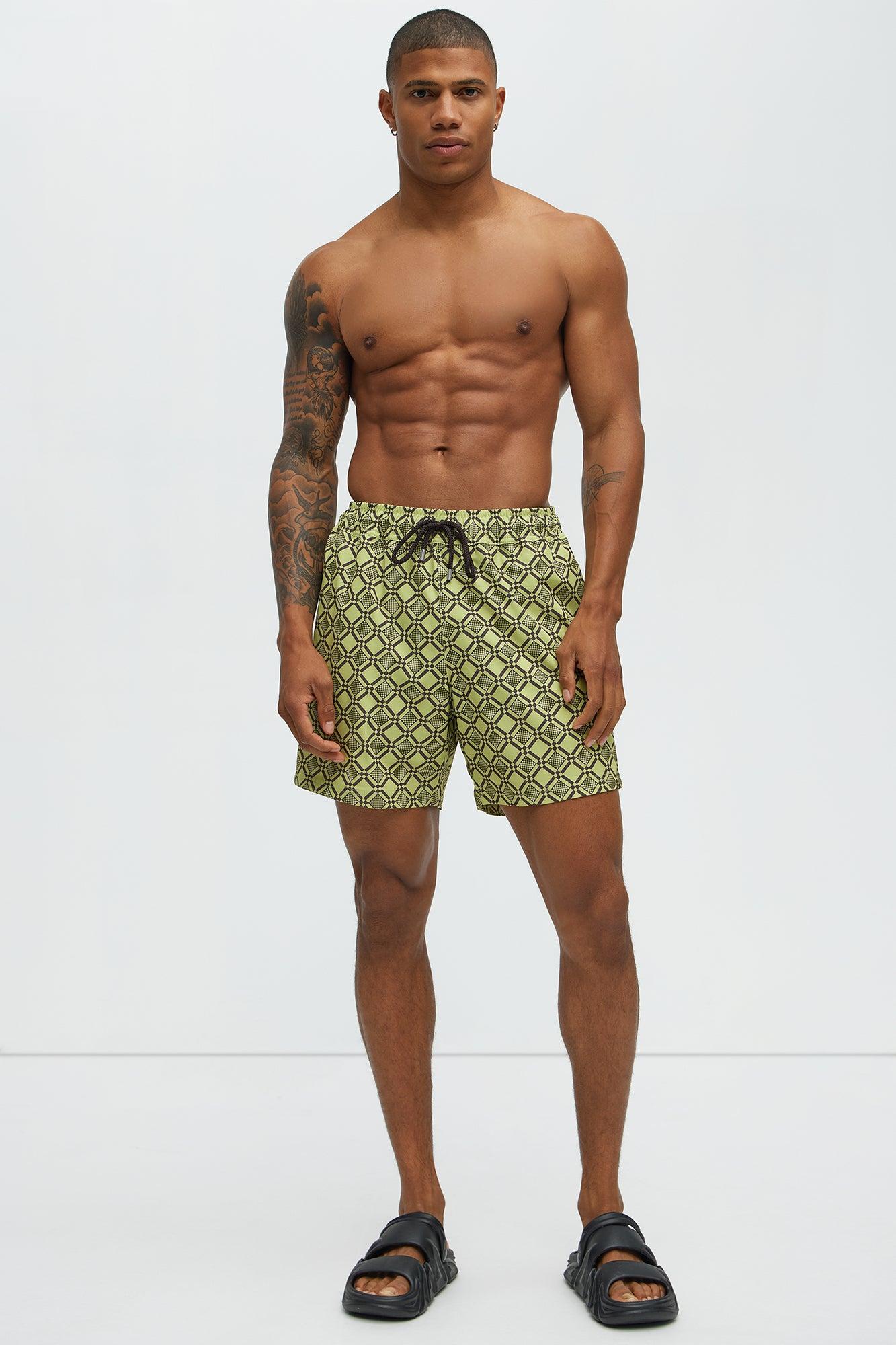Checkered Mosaic Swim Mid Trunk - Green/combo Product Image