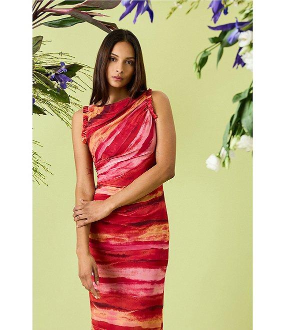 Donna Morgan Power Mesh Multi Print Boat Neck Sleeveless Sheath Midi Dress Product Image