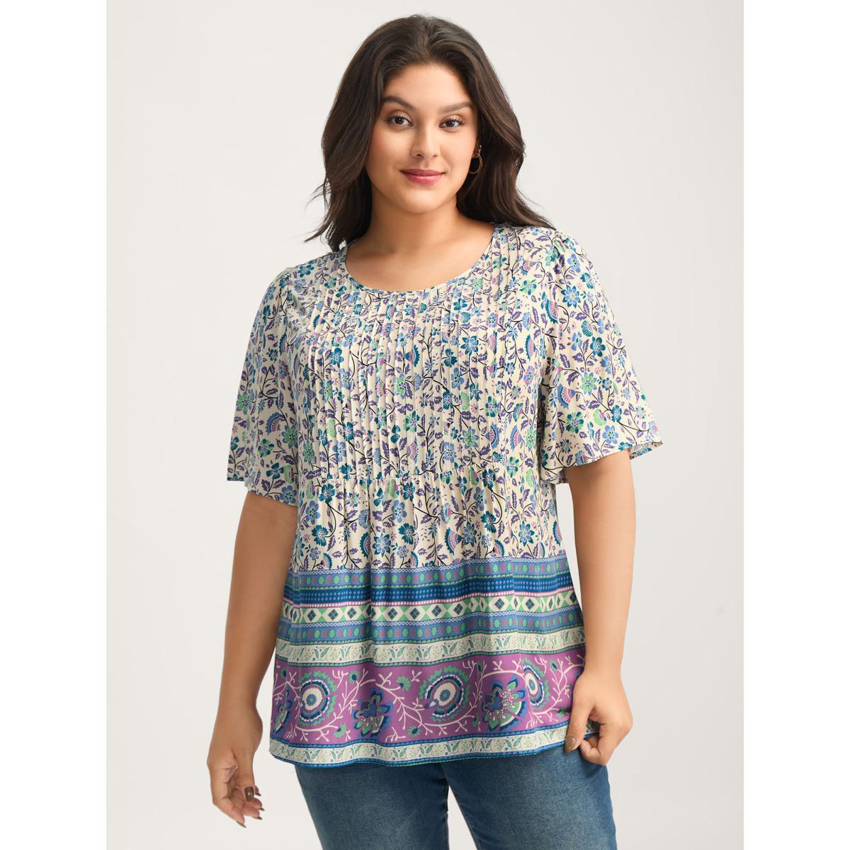 Plus Size Aegean Rayon Pleated Floral Print Blouse Women Boho Half Sleeve Round Neck Vacation Blouses BloomChic 12/L Product Image