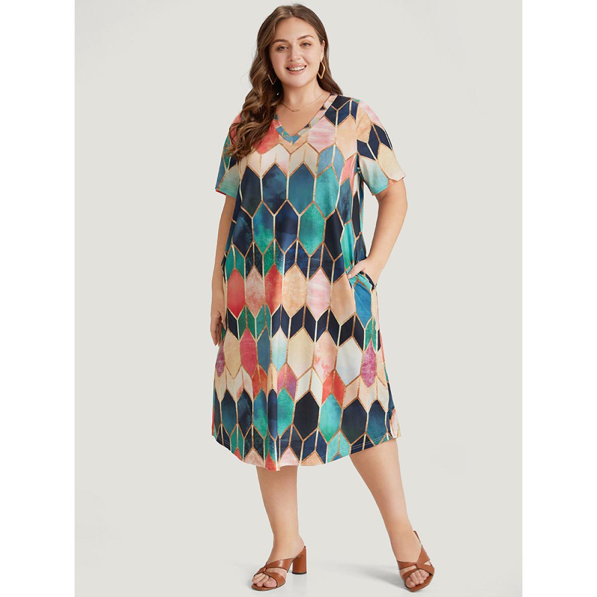 Plus Size Geometric Print Pocket Colorblock Contrast Dress Multicolor Women Casual Contrast V-neck Short sleeve Curvy Midi Dress BloomChic 26/4X Product Image