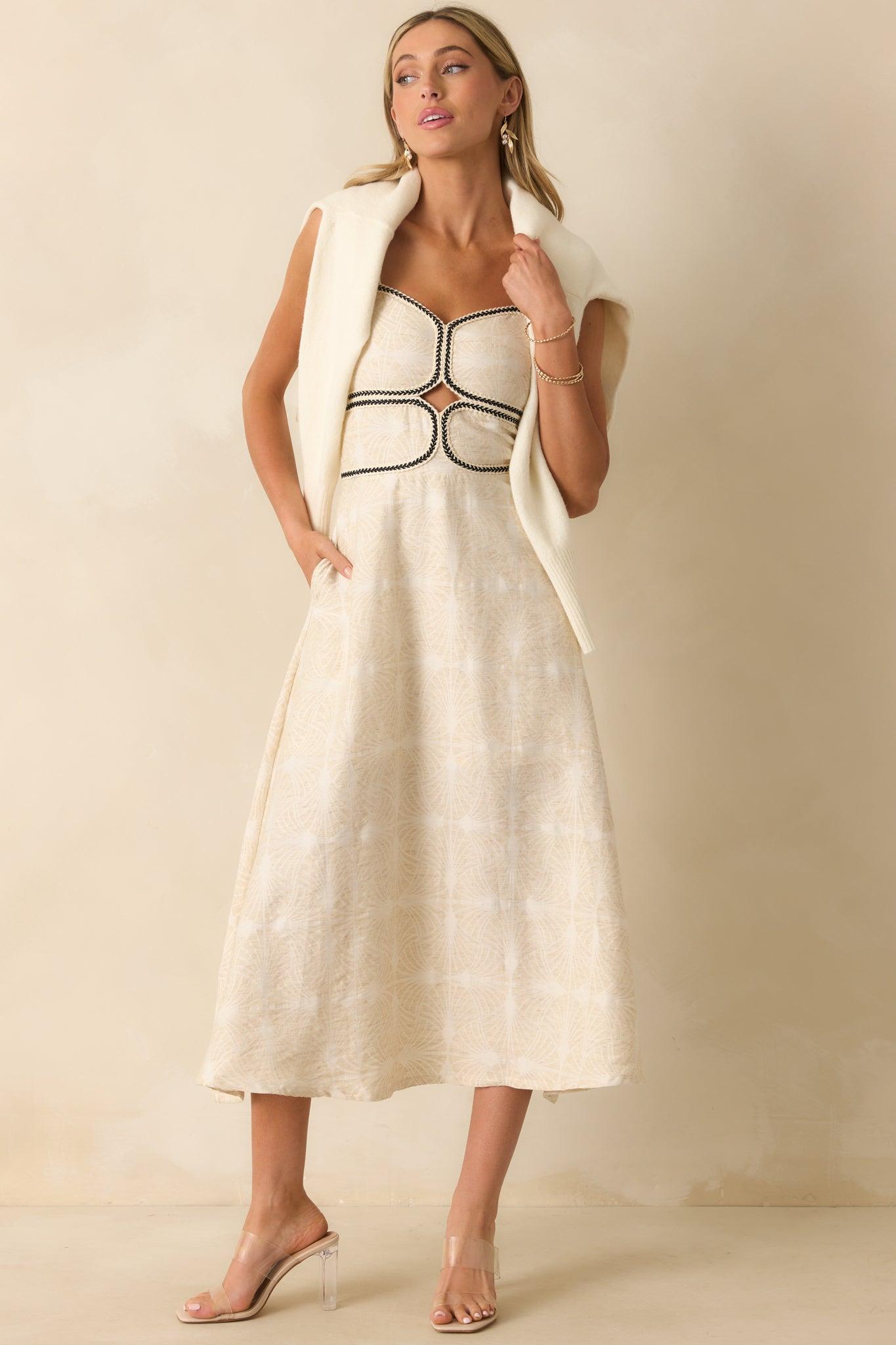Right On Cue Light Beige Cotton Contrast Trim Sleeveless Maxi Dress L / Light Beige Product Image