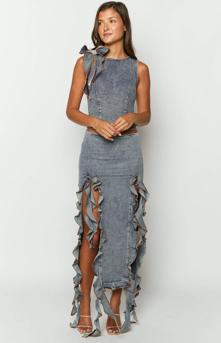 Lioness Rendezvous Faded Denim Maxi Skirt Product Image