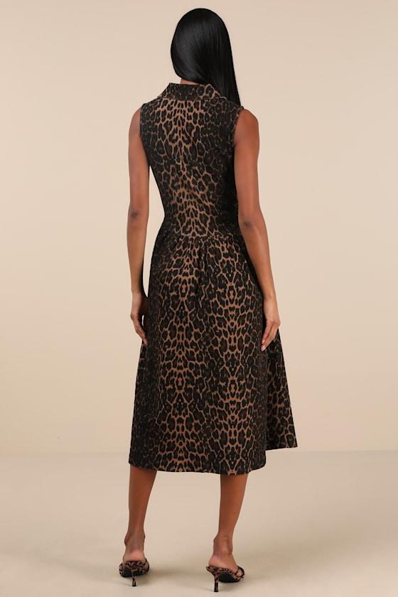 Levon Brown Leopard Print Denim Button-Front Midi Dress Product Image