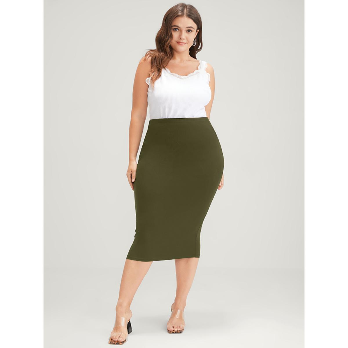 Plus Size Plain Modal High Waist Skirt Women ArmyGreen Office Plain Bodycon High stretch Office Skirts BloomChic 18-20/2X Product Image