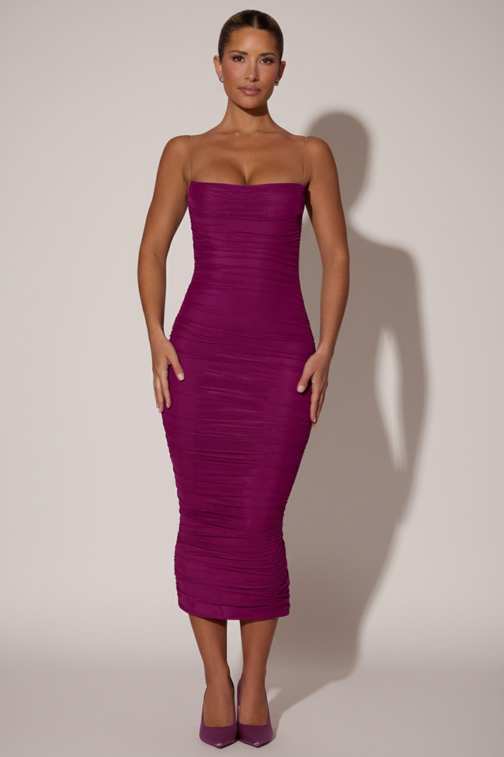 Ruched Backless Bodycon Midaxi Dress in Plum Product Image