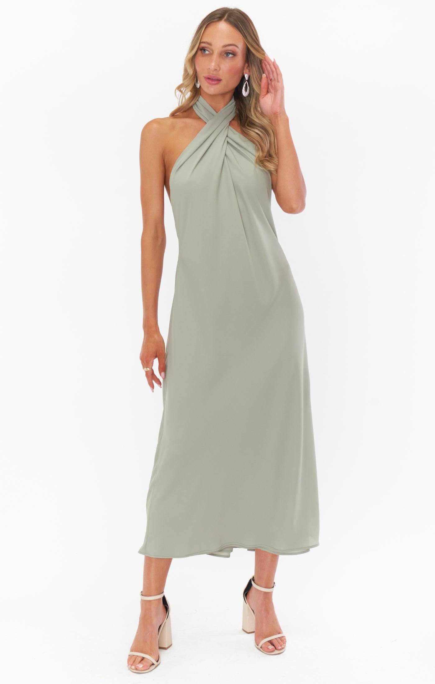 Jasmine Halter Midi Dress ~ Moss Green Crisp Product Image
