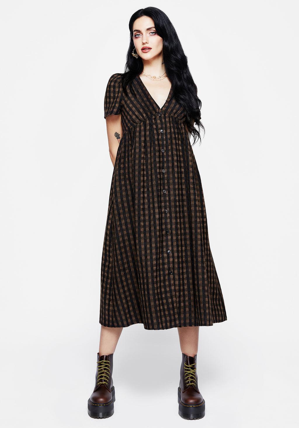 Rydal Check Button Up Midi Dress - Brown Product Image