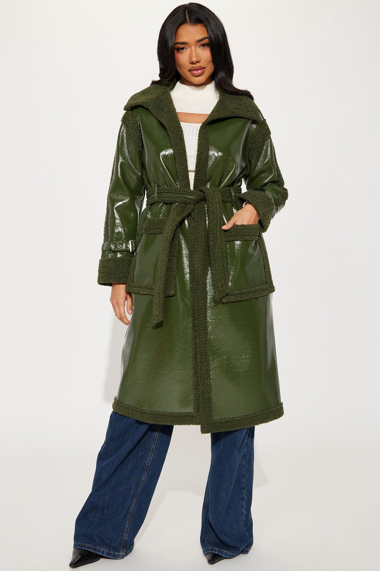 Bad Ideas Shearling Trench Coat - Olive Female Product Image