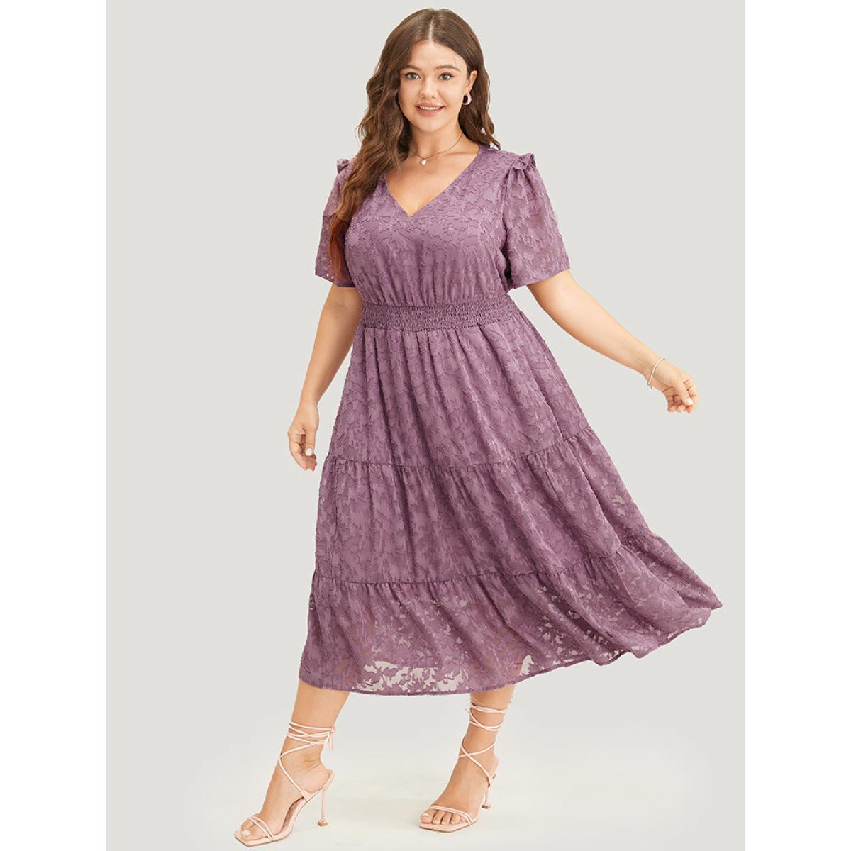 Plus Size Plain V Neck Pocket Shirred Ruffle Tiered Floral Dress Mauve Women Elegant Gathered V-neck Short sleeve Curvy Midi Dress BloomChic 10/M Product Image