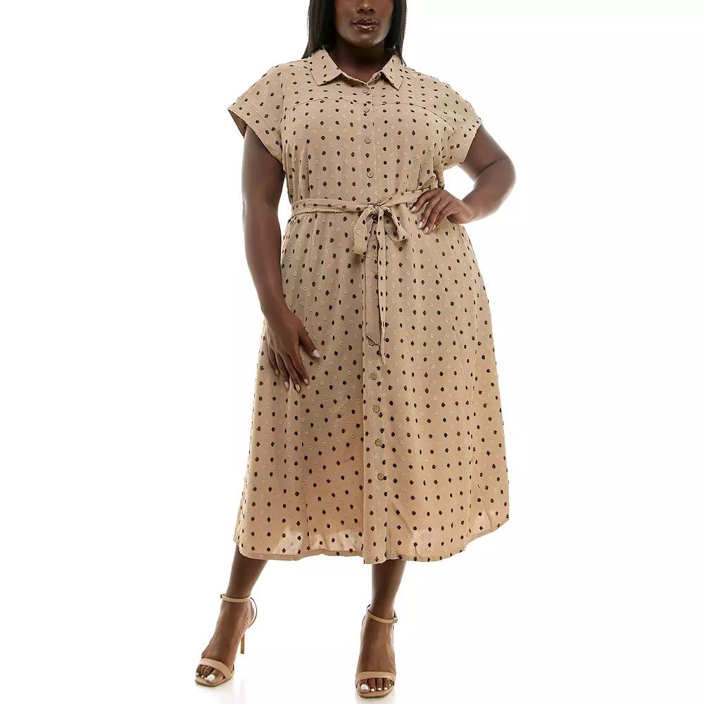 Plus Size Nina Leonard Swiss Dot Print Collared Short Sleeve Midi Shirt Dress, Women's, Size: 1XL, Camel Team Product Image