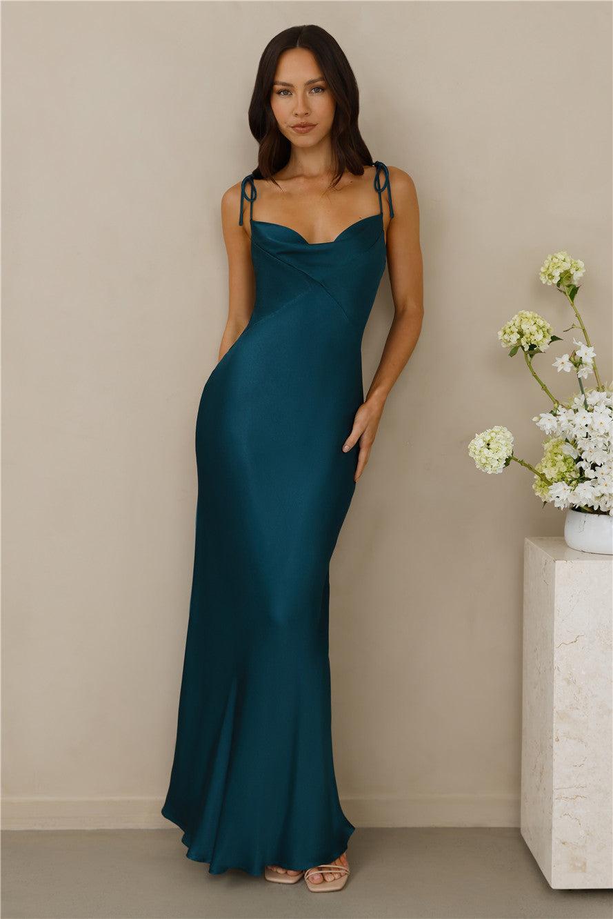 The Penelope Cowl Satin Maxi Dress Teal Product Image