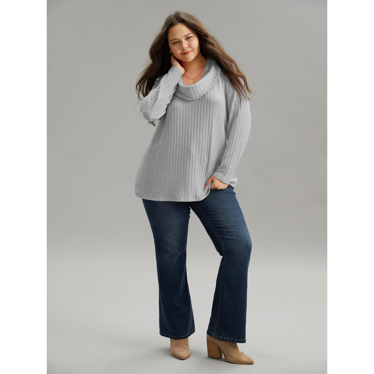 Plus Size Plain Rib Knit Cowl Neck T-shirt LightGray Women Elegant Texture Plain Ruffled collar Dailywear T-shirts BloomChic 22-24/3X Product Image