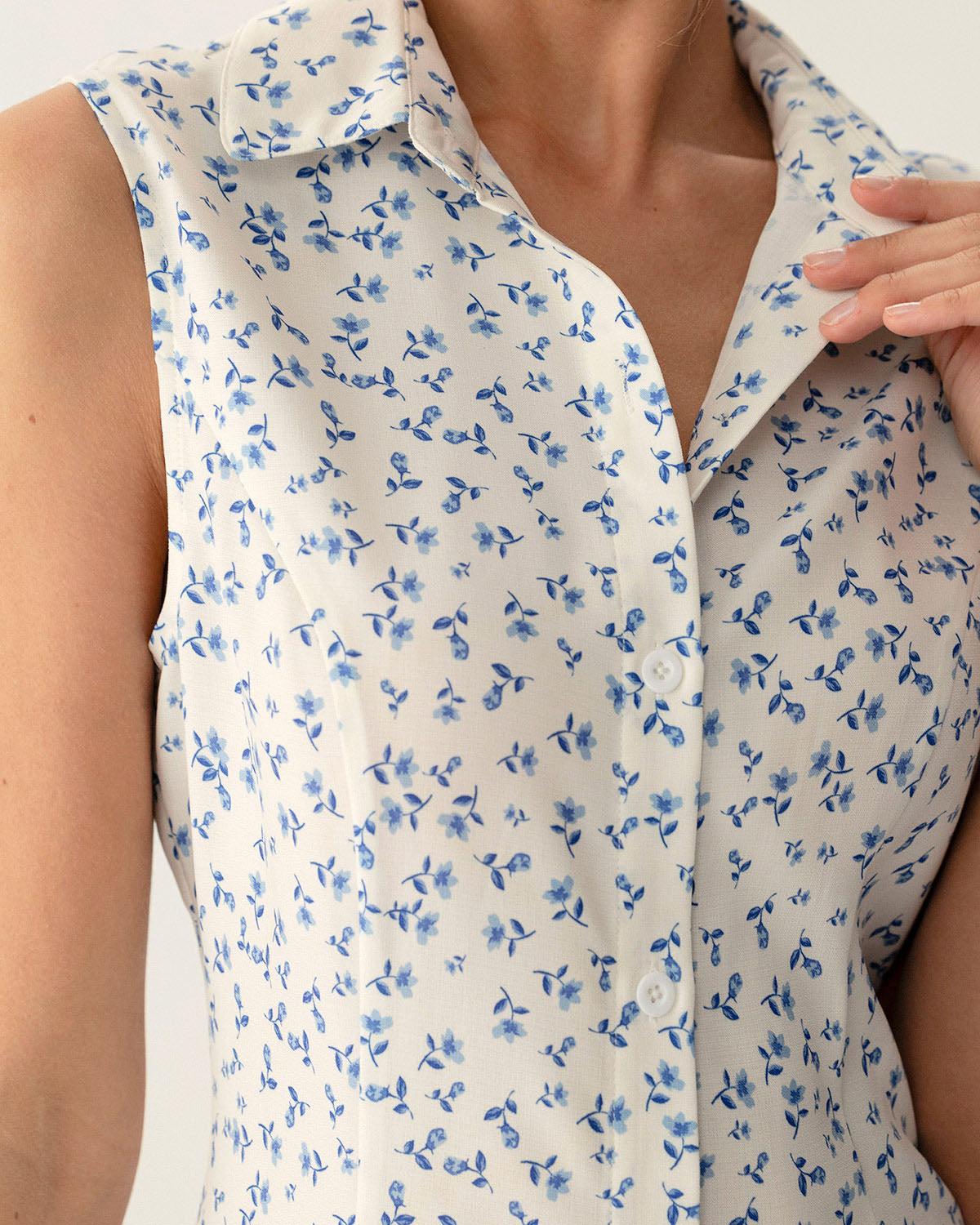 Blue Floral Pocket Sleeveless Mini Dress Product Image