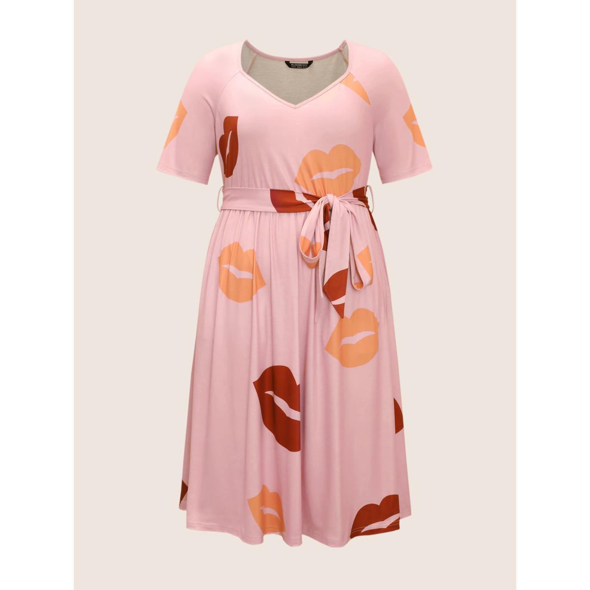 Plus Size Lip Print Elastic Waist Belted Gathered Dress Pink Women Casual Gathered Square Neck Short sleeve Curvy Midi Dress BloomChic 10/M Product Image