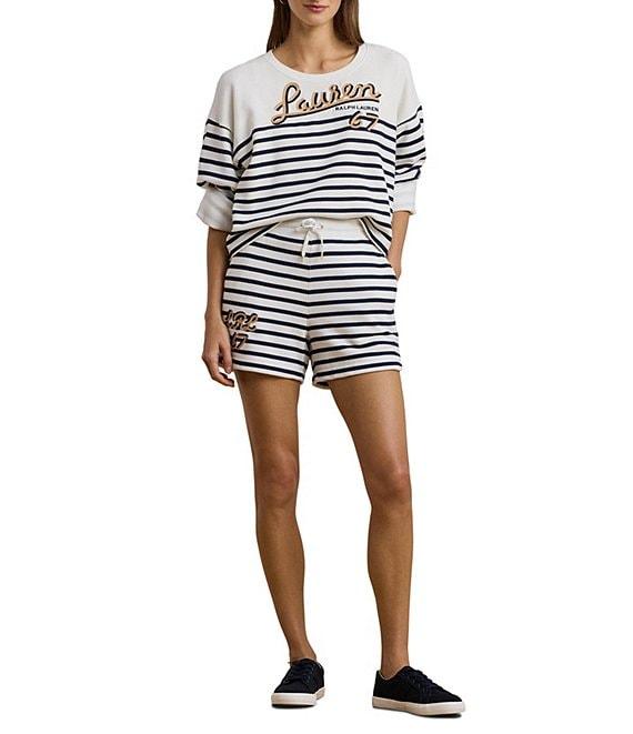 Lauren Ralph Lauren Striped French Terry Embroidered Crew Neck Long Sleeve Cropped Sweatshirt Product Image