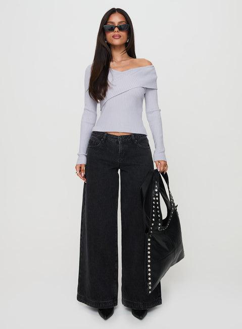 Ribbon Stamp Wide Leg Jeans Washed Black Product Image