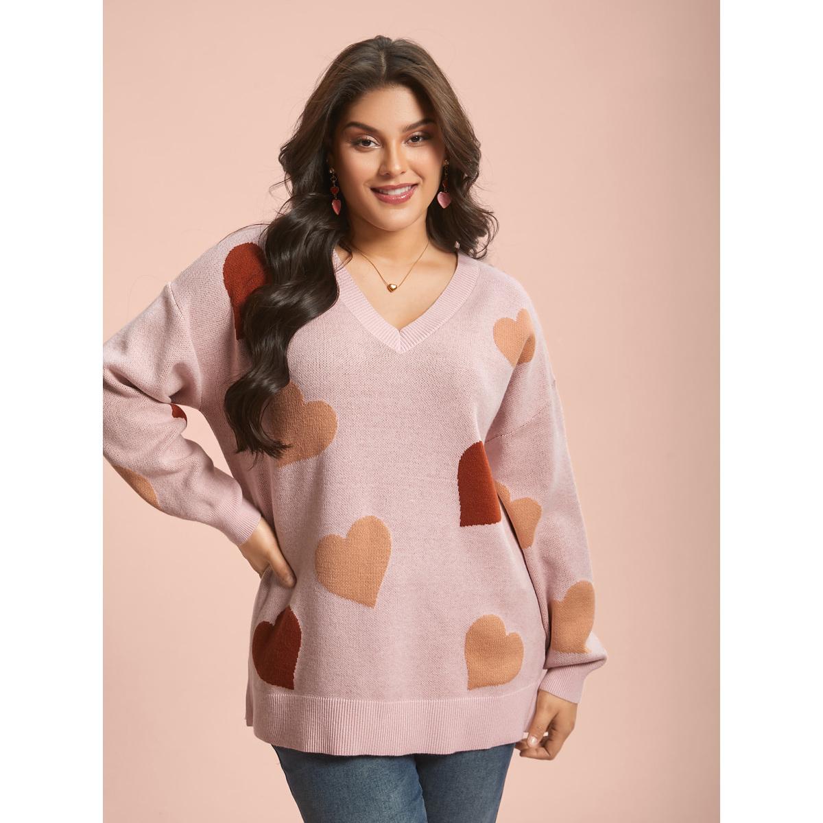 Plus Size V-Neck Heart Jacquard Contrast Pullover Nudepink Women Playful Loose Long Sleeve V-neck Casual Pullovers BloomChic 22-24/3X Product Image