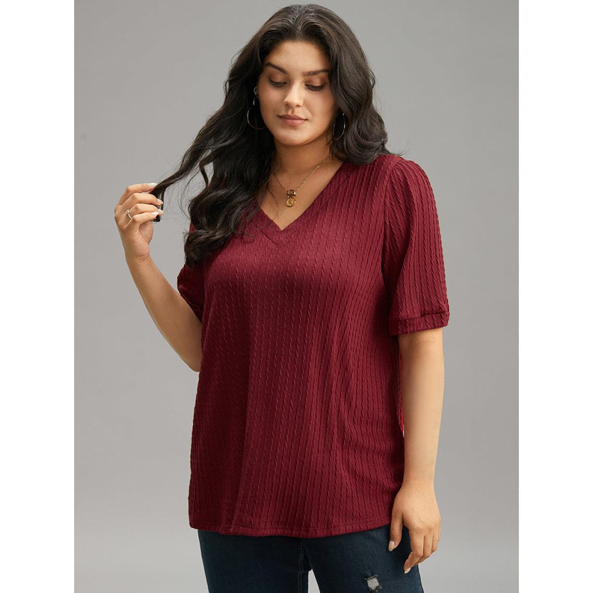Plus Size Plain Texture V Neck Gathered Lantern Sleeve T-shirt Burgundy Women Casual Texture Plain V-neck Dailywear T-shirts BloomChic 22-24/3X Product Image