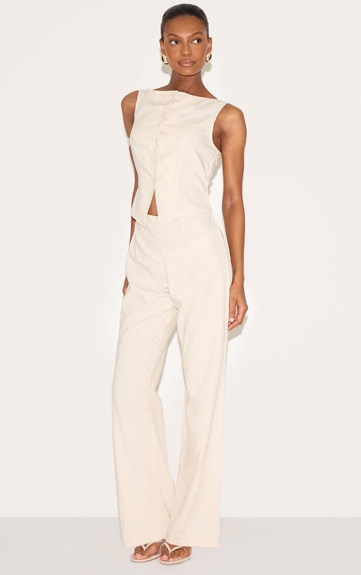 Stone Linen Blend Vest Detail Straight Leg Jumpsuit Product Image