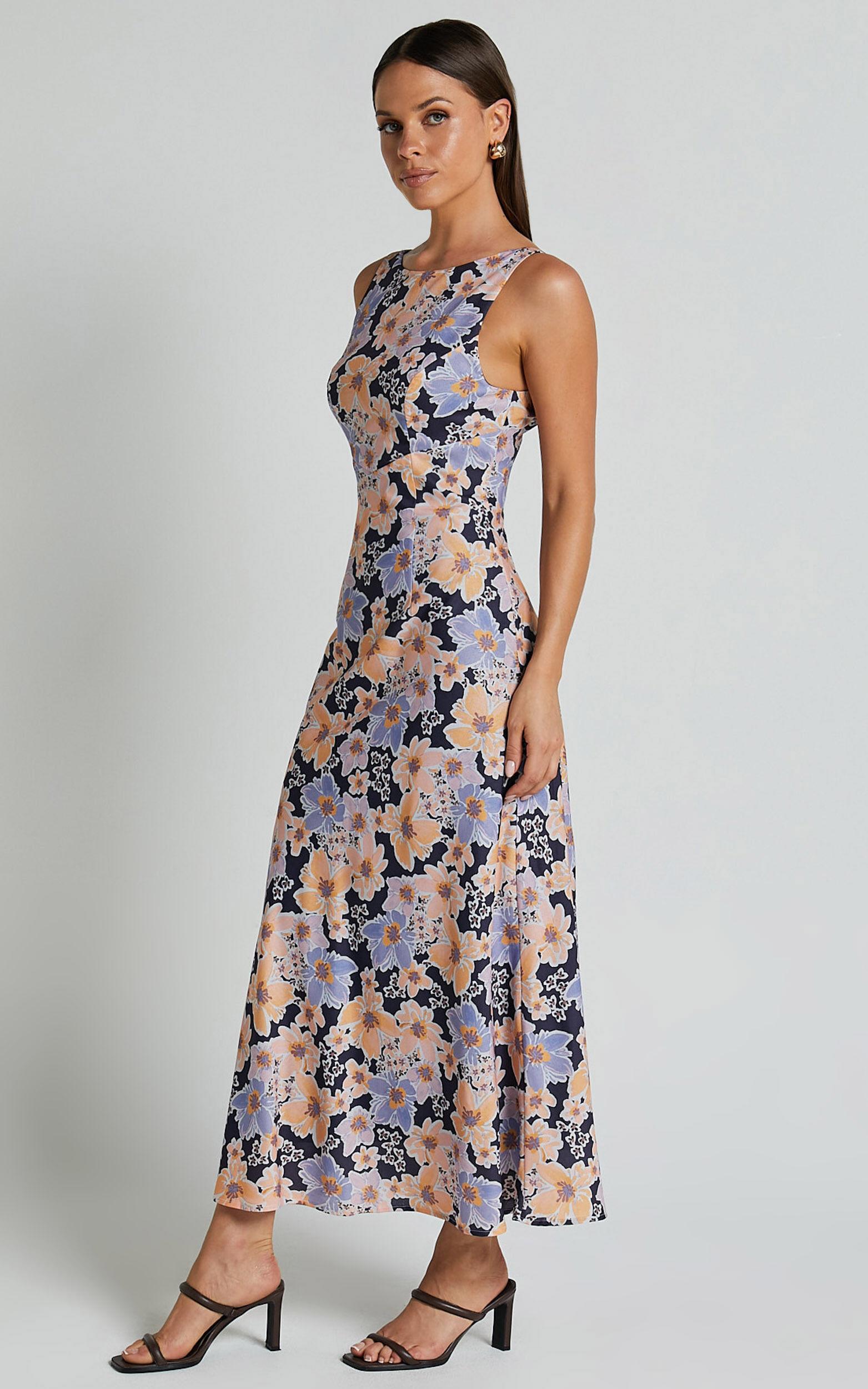 Jenibelle Midi Dress - Boat Neck Open Back Sleeveless Bias Cut Slip Dress in Mellow Floral Product Image