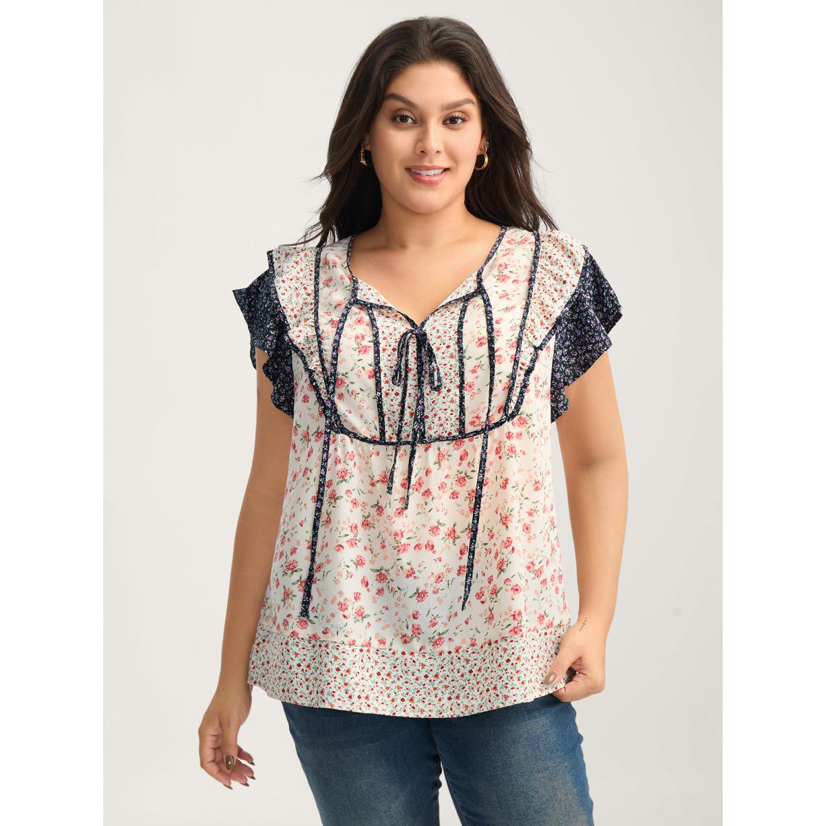 Plus Size Multicolor Floral Panel Ruffled Sleeve Blouse Women Romantic Cap Sleeve V-neck Elegant Blouses BloomChic 10/M Product Image