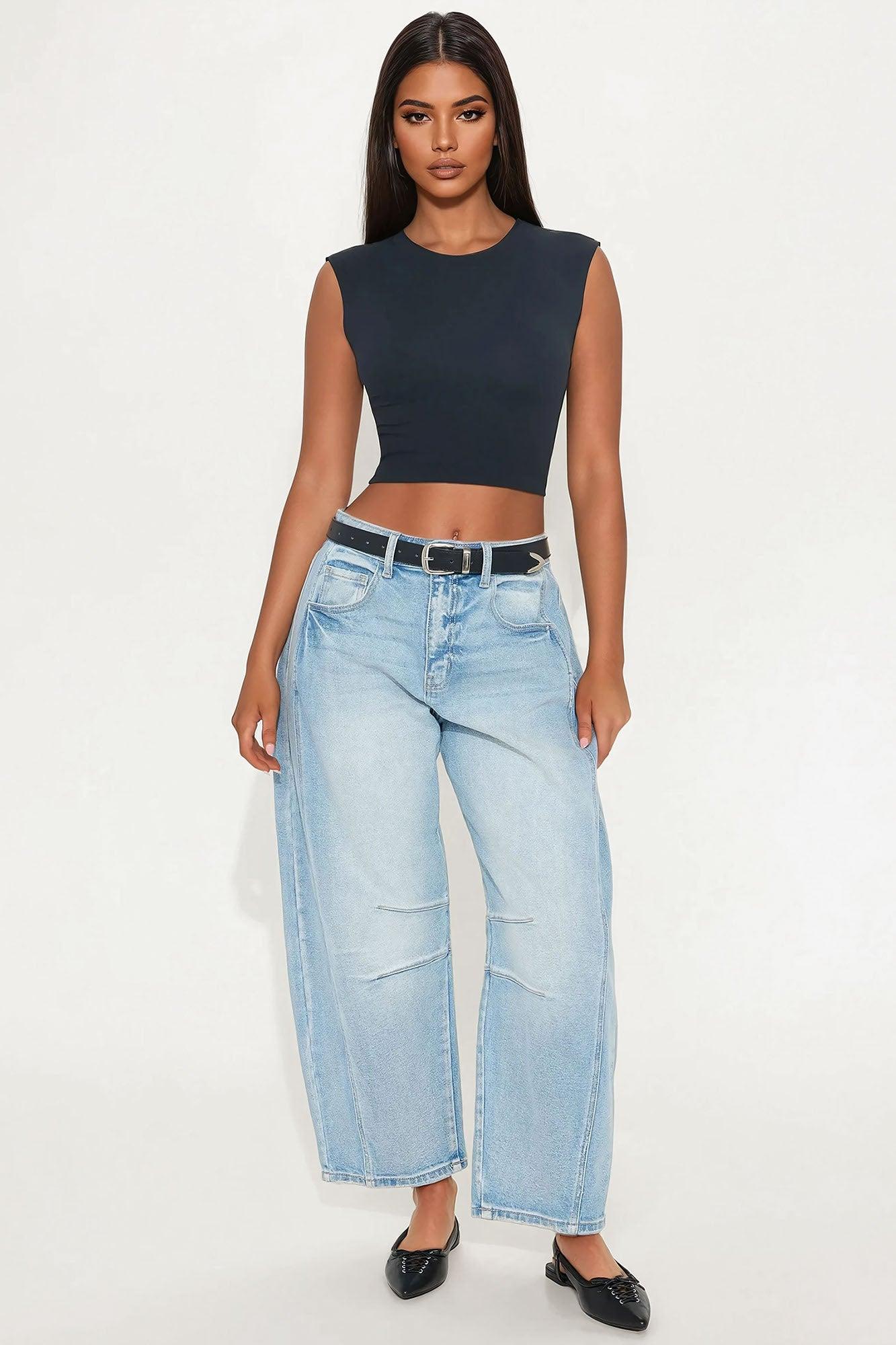 First Edition Womens Mid Rise Barrel Leg Jeans - Vintage Wash Product Image