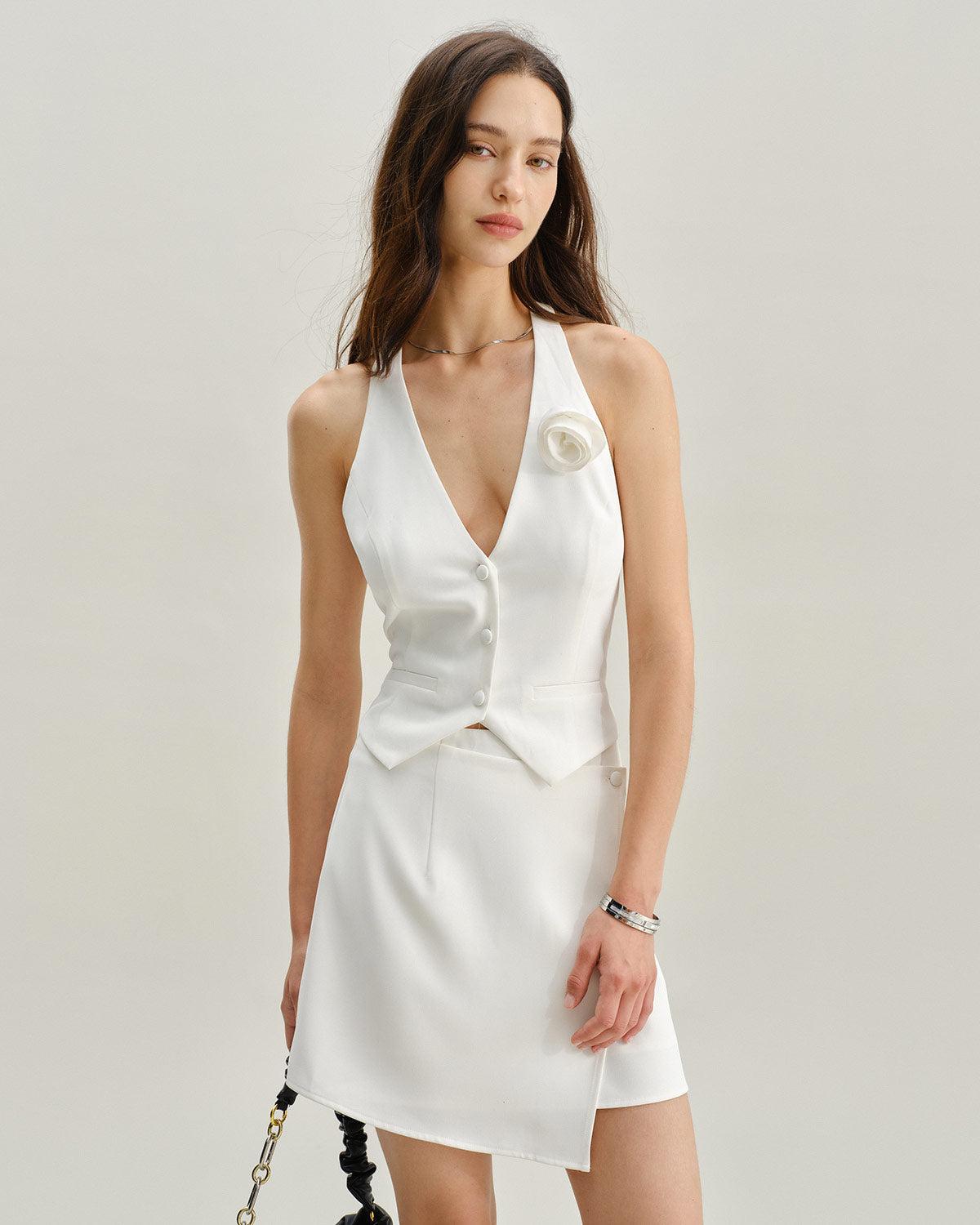 White Halter Button Vest Product Image