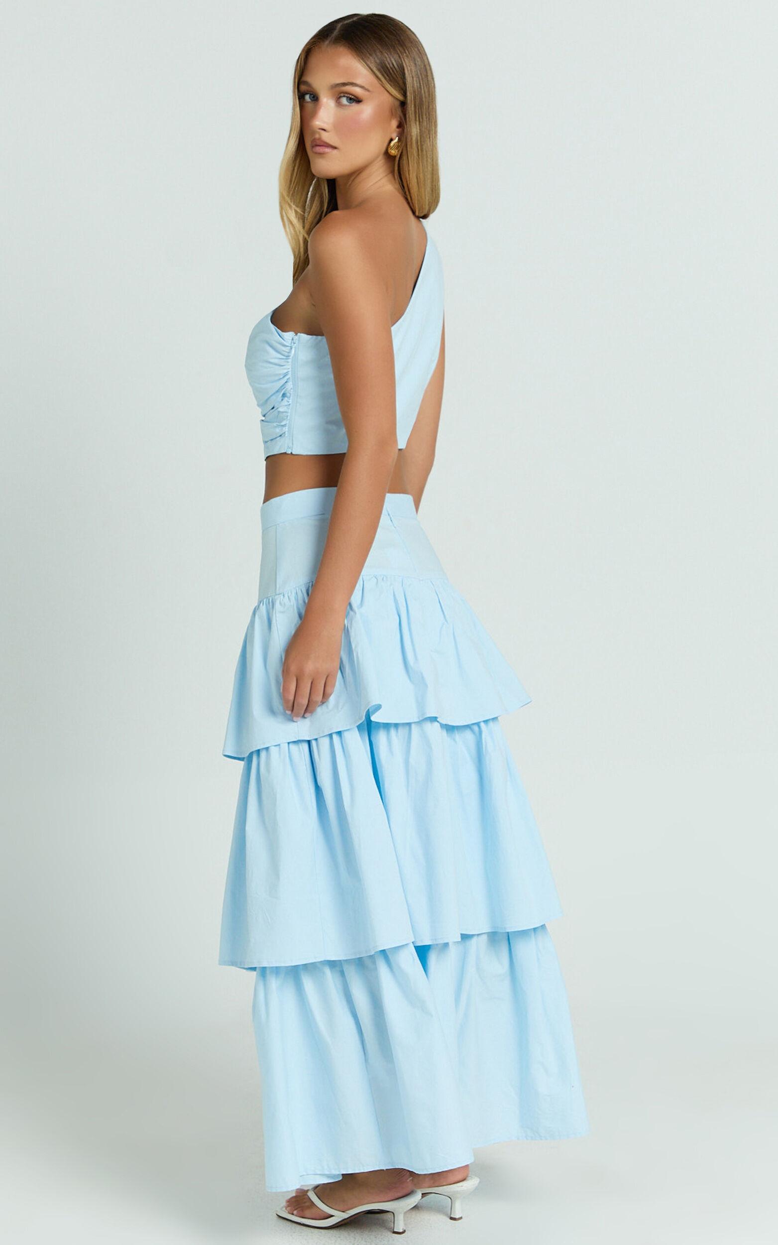 Kaycie Two Piece Set - One Shoulder Asymmetrical Ruched Top and Tiered Midi Skirt Set in Pale Blue Product Image