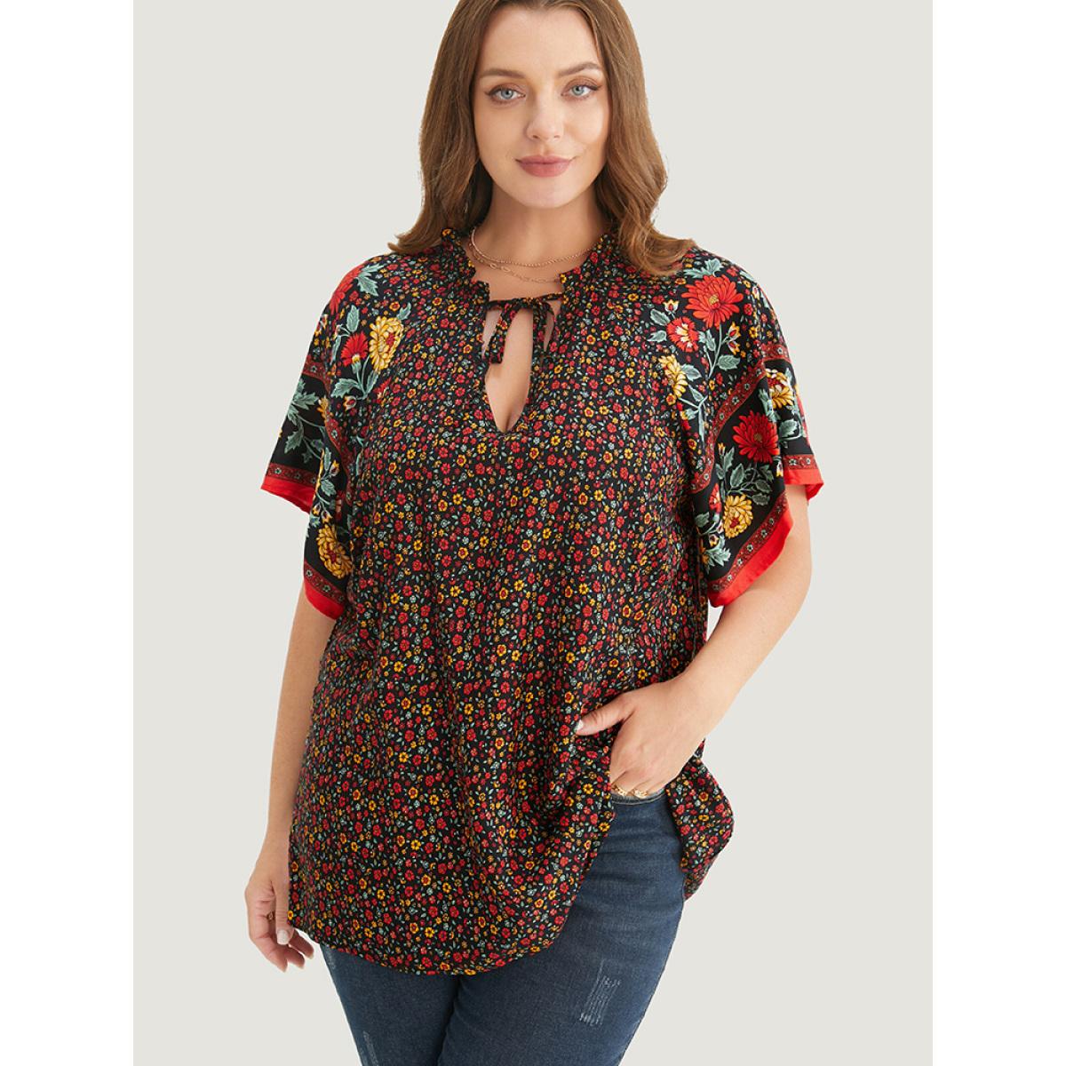 Plus Size Black Ditsy Floral Tie Neck Ruffles Raglan Sleeve Blouse Women Vacation Short sleeve V-neck Dailywear Blouses BloomChic 28/5X Product Image