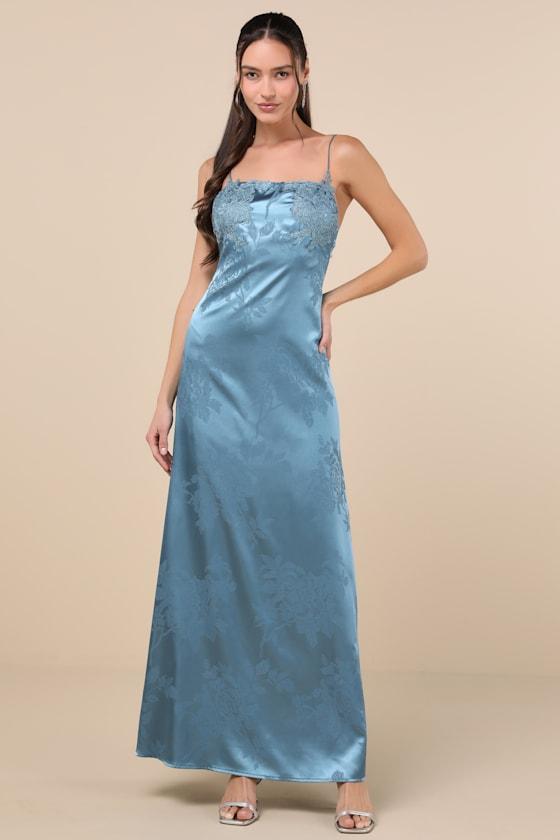 Whimsical Radiance Blue Satin Embroidered Maxi Dress Product Image