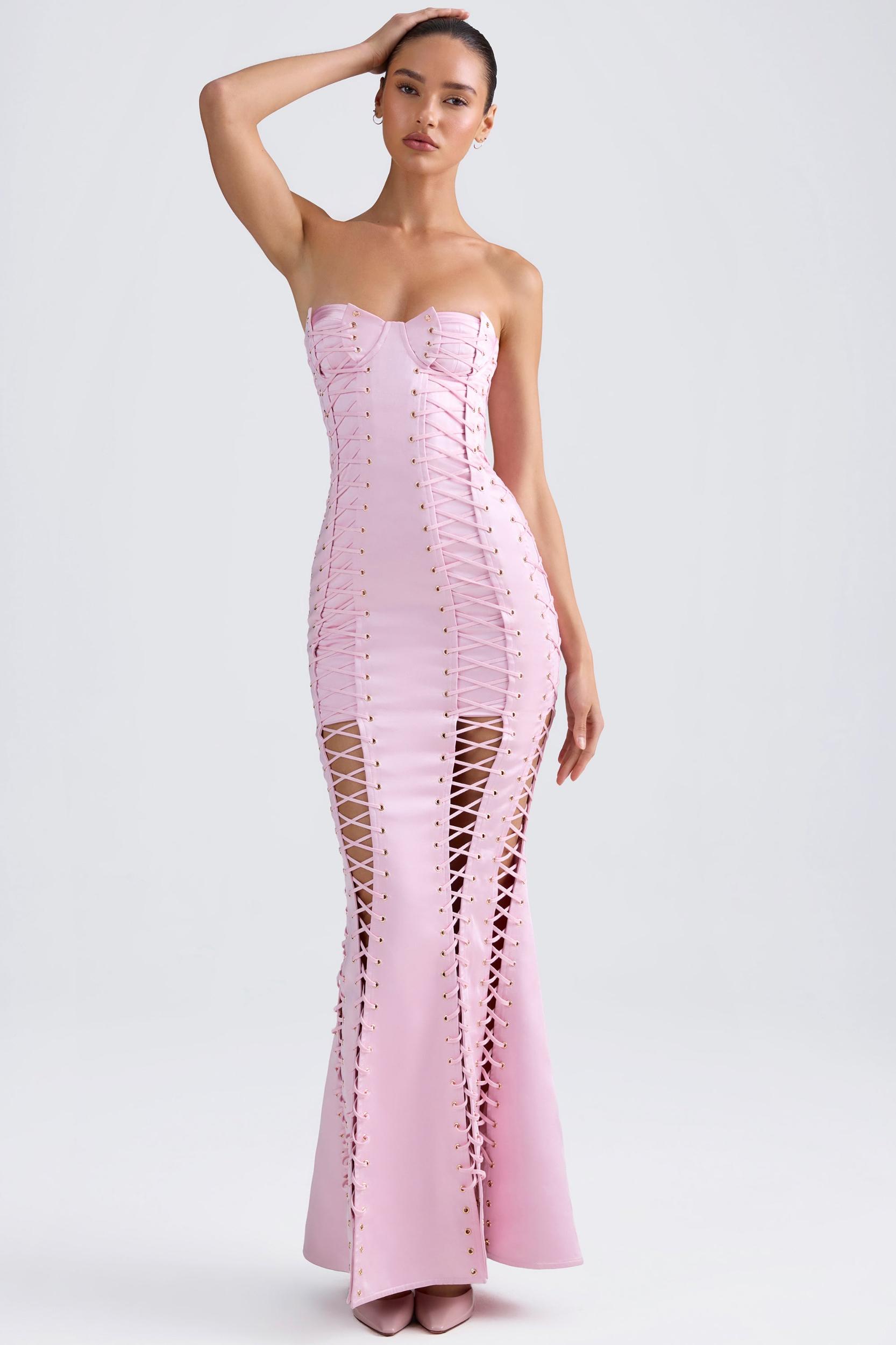 Lace-Up Corset Gown in Light Pink Product Image