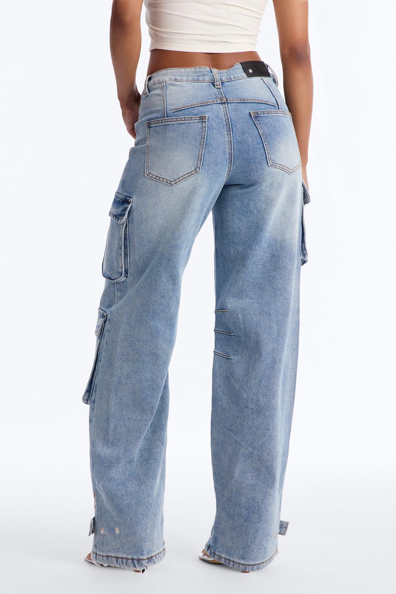 Southpole Embellished Loose Fit Cargo Jeans - Light Wash Female Product Image