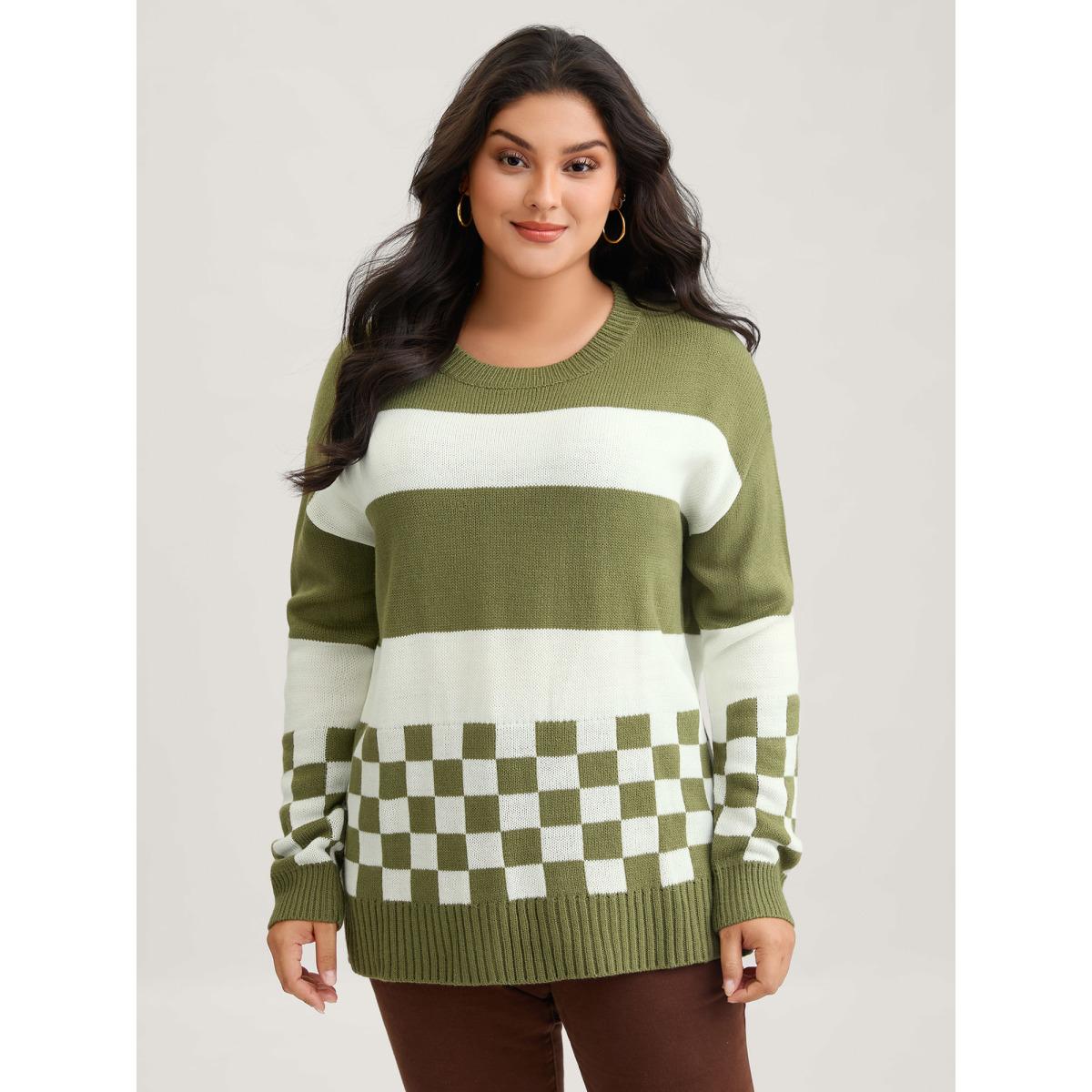 Plus Size Colorblock Contrast Round Neck Split Hem Pullover Moss Women Casual Loose Long Sleeve Round Neck Everyday Pullovers BloomChic 14-16/1X Product Image