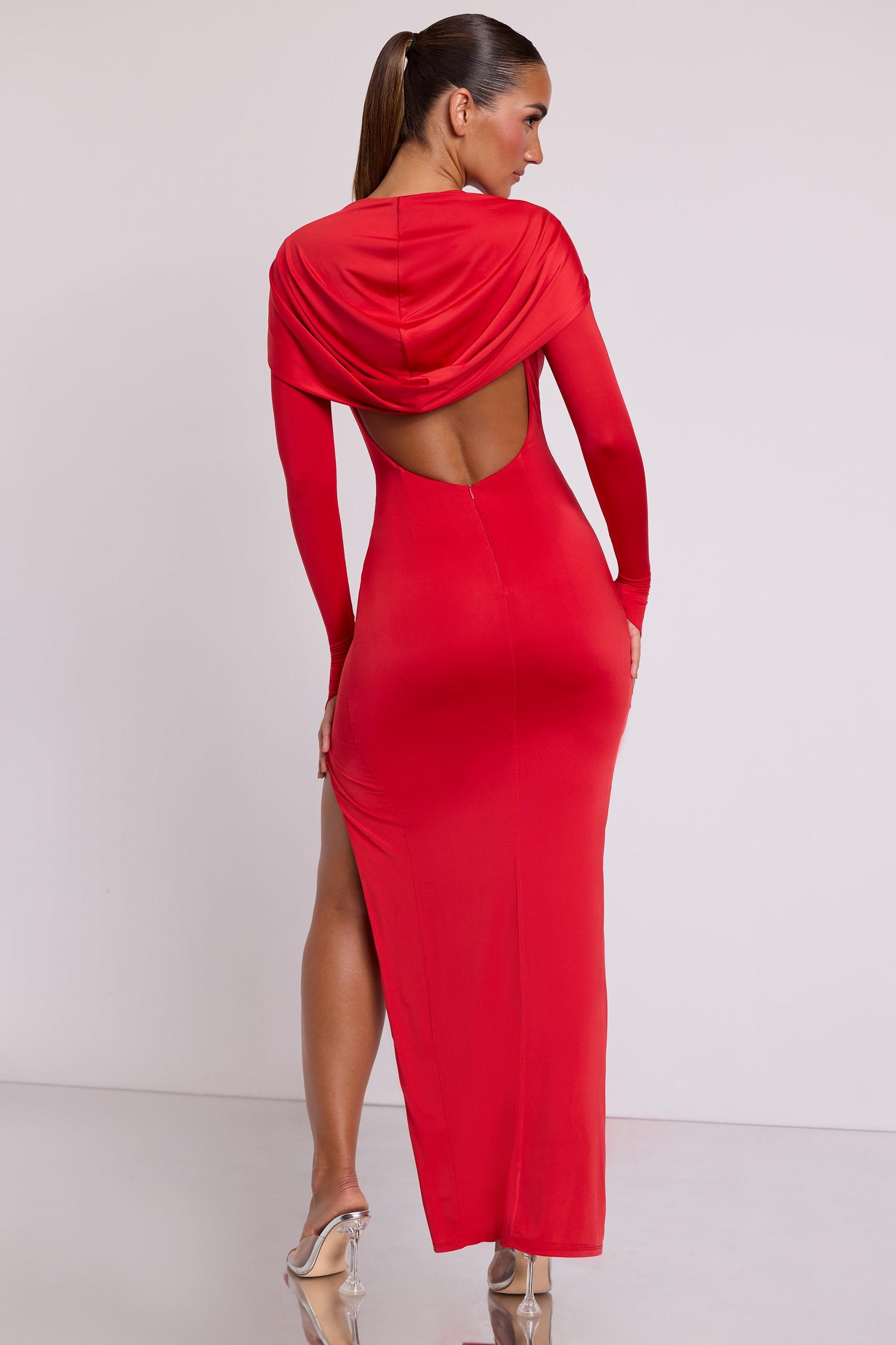 Hooded Long Sleeve Maxi Dress in Fire Red Product Image