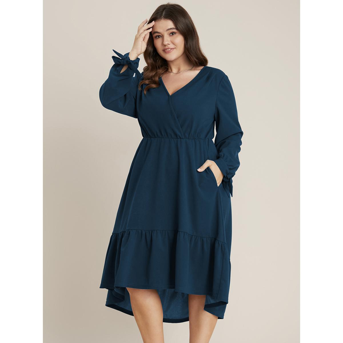 Plus Size Solid Knotted Sleeve Pocket Wrap Ruffle Asymmetrical Hem Dress Aegean Women Office Plain V-neck Long Sleeve Curvy Midi Dress BloomChic 14-16/1X Product Image