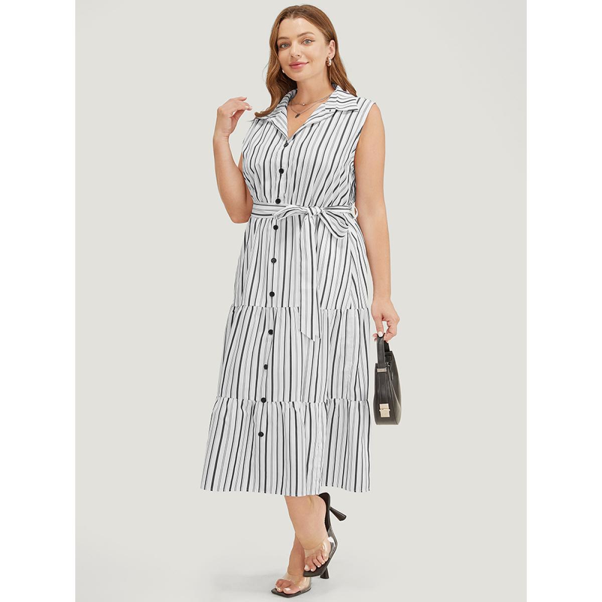 Plus Size Striped Print Pocket Button Detail Belt Sleeveless Dress Ivory Women Office Belted Shirt collar Sleeveless Curvy Midi Dress BloomChic 14-16/1X Product Image