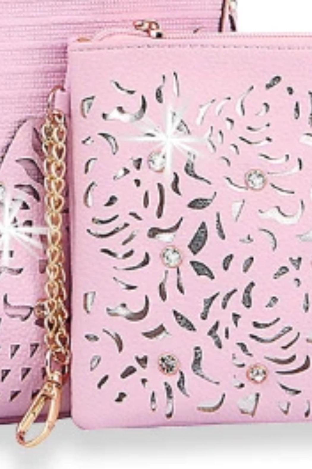 Rhinestone Accented Handbag Set in Pink Product Image