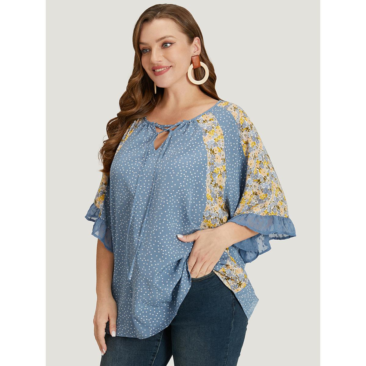 Plus Size Stone Polka Dot & Ditsy Floral Flounce Sleeve Lace Up Blouse Women Elegant Half Sleeve Tie Neck Dailywear Blouses BloomChic 10/M Product Image