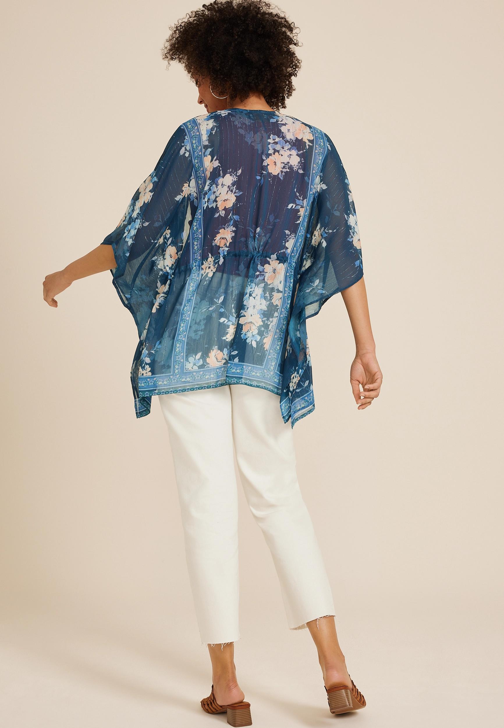 Blue Floral Tie Waist Kimono Product Image