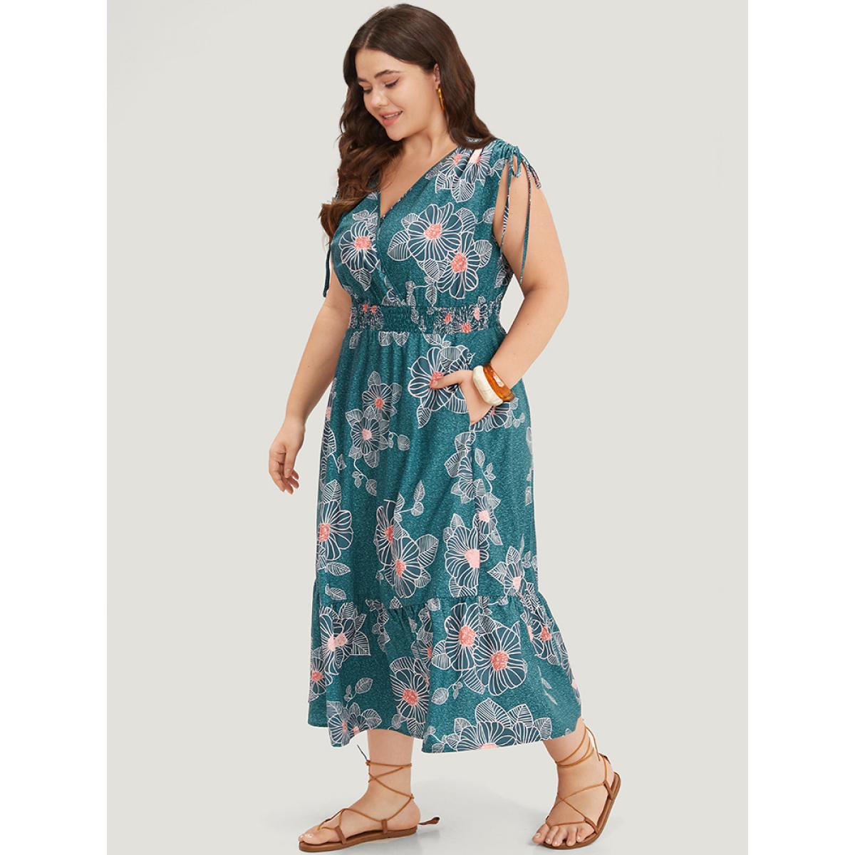 Plus Size Floral Print Shirred Overlap Collar Drawstring Dress Teal Women Vacation Printed V-neck Short sleeve Curvy Midi Dress BloomChic 28/5X Product Image